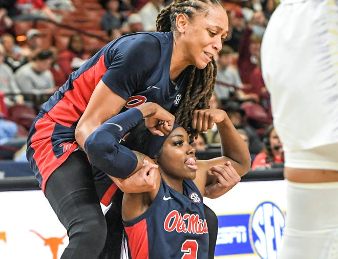 Ole Miss guard Marquesha Davis (2) reacts after scoring and being fouled against LSU during the third quarter of the SEC Women's Basketball Tournament game at the Bon Secours Wellness Arena in Greenville, S.C. Saturday, March 9, 2024.