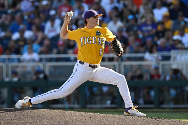 Jun 24, 2023; Omaha, NE, USA;  LSU Tigers pitcher Ty Floyd (9) pitches against the Florida Gators in the first inning at Charles Schwab Field Omaha. Mandatory Credit: Steven Branscombe-USA TODAY Sports